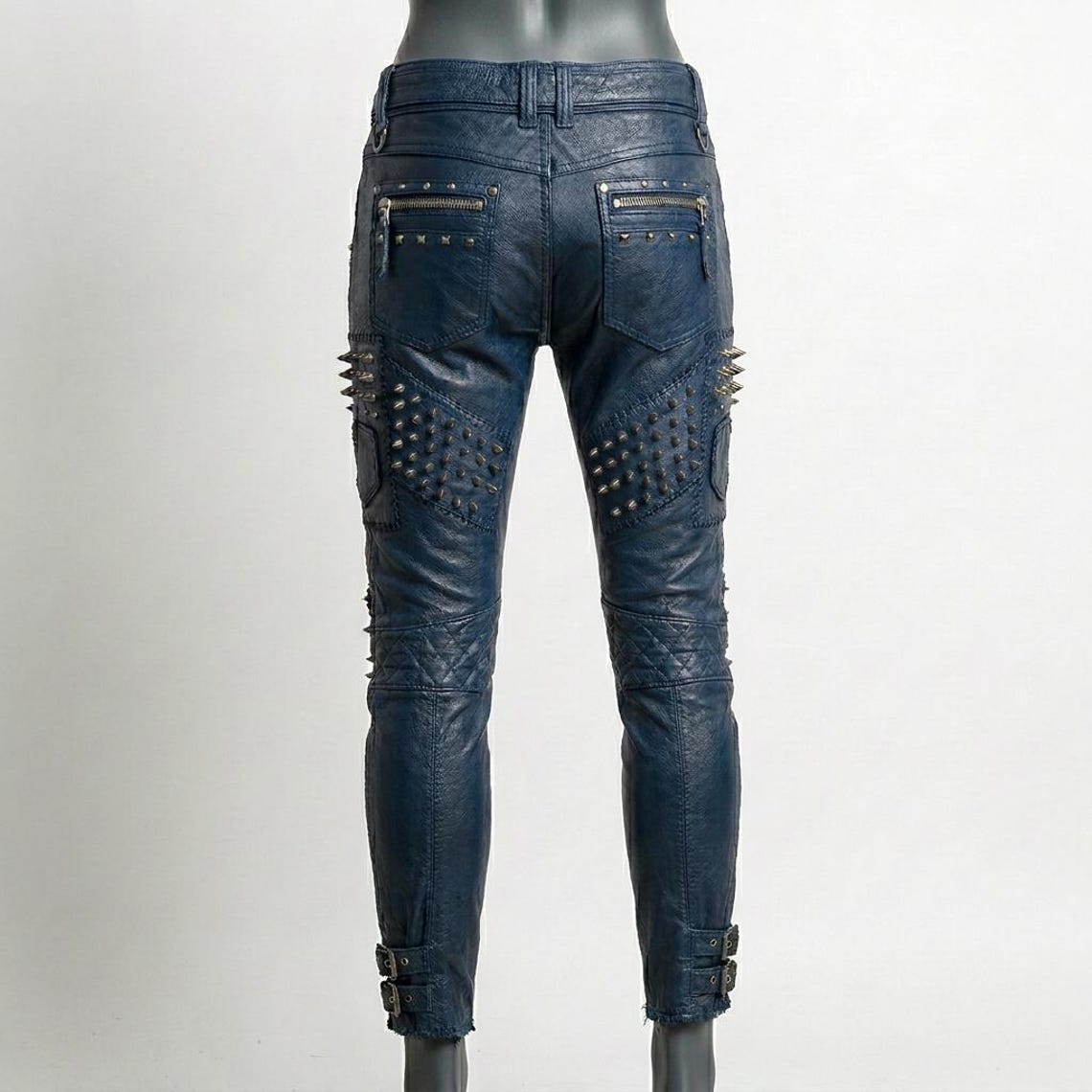  Back view of skinny blue studded leather pant for women