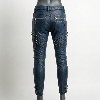  Back view of skinny blue studded leather pant for women