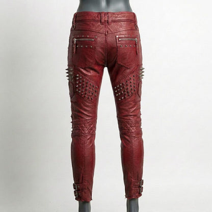 Back profile of skinny red leather pant for punk rock style