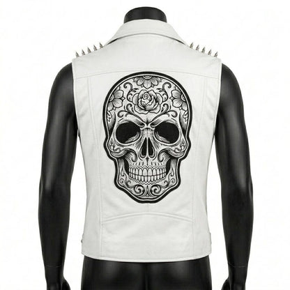 Back view of men’s white moto vest with skull patch design