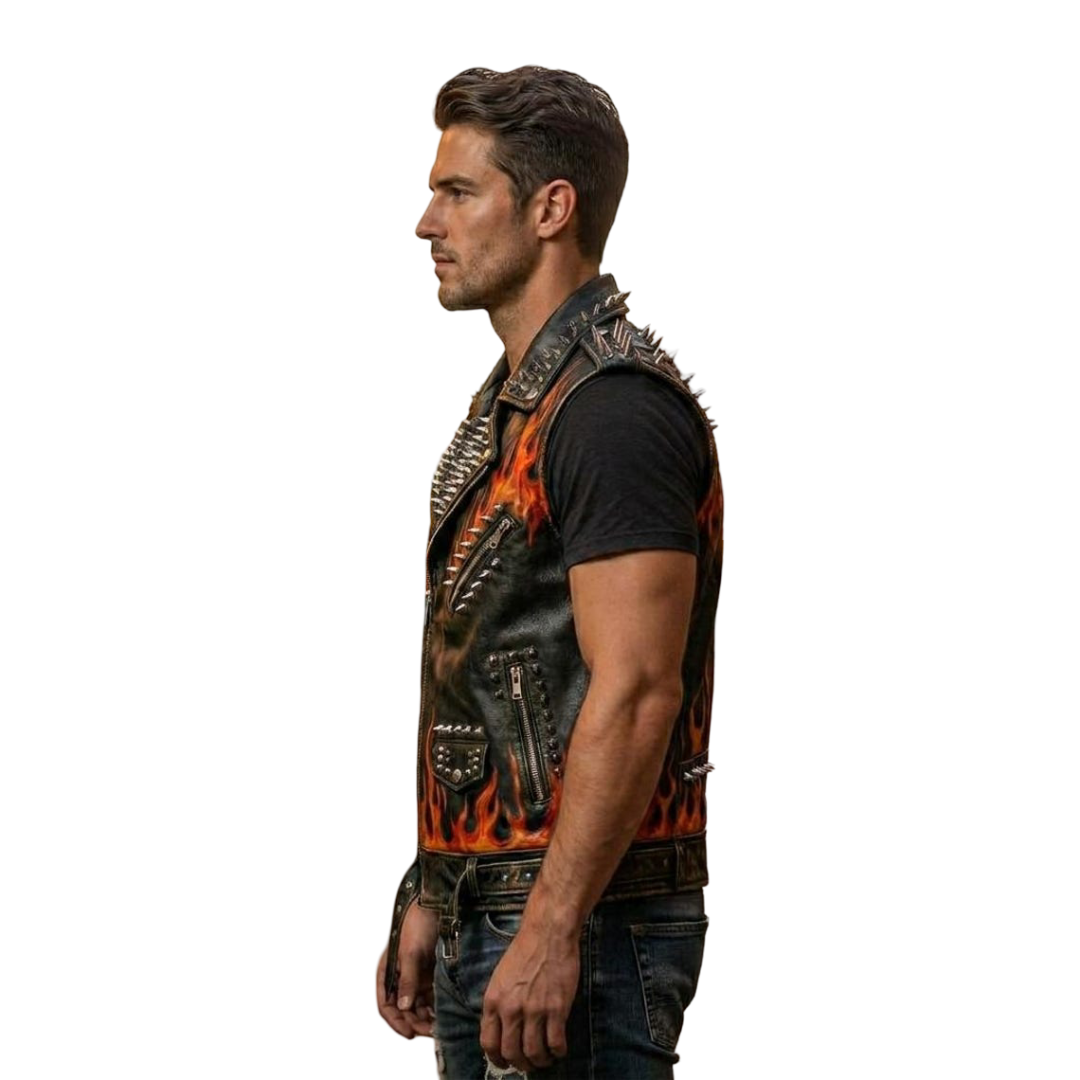 Side view of sleeveless men black leather vest for easy movement
