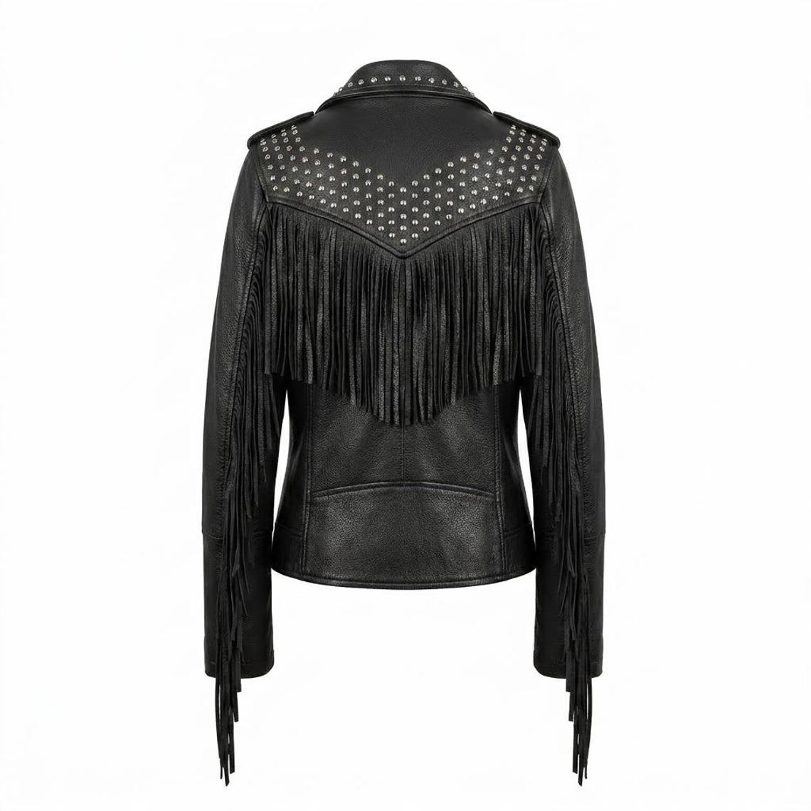 Back detail of slim fit black leather biker jacket with fringe

