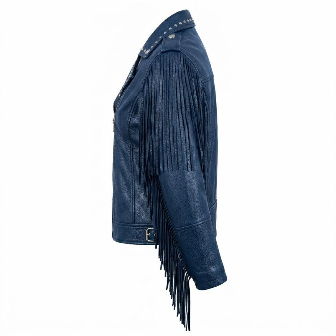 Side profile of slim fit blue leather biker jacket for women