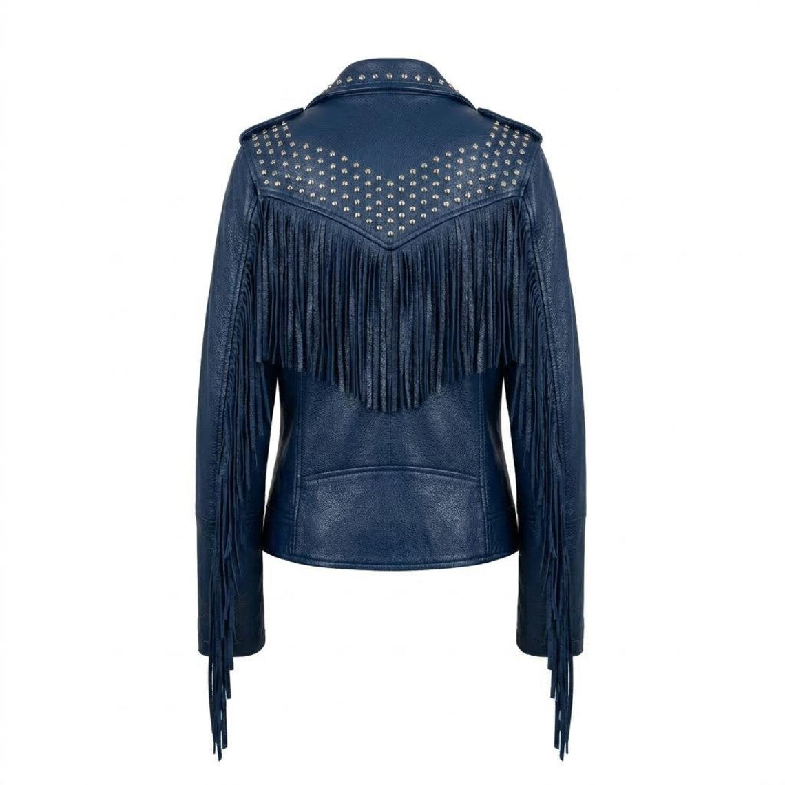 Back design of slim fit blue leather moto jacket for women