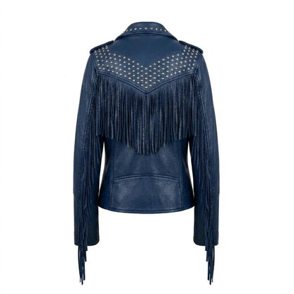 Back design of slim fit blue leather moto jacket for women
