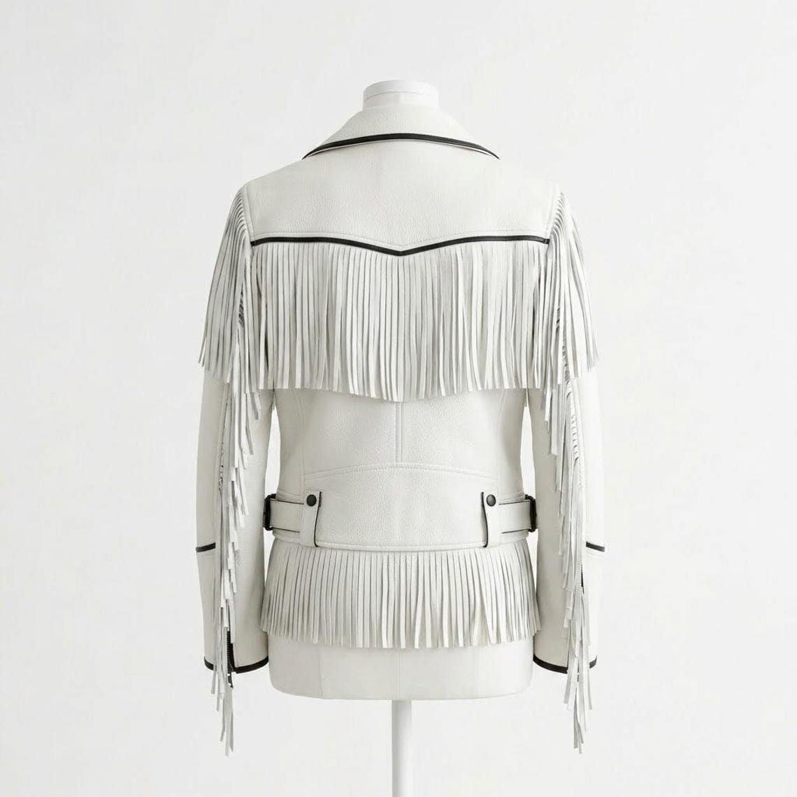 Back view of slim fit white fringe leather jacket for women