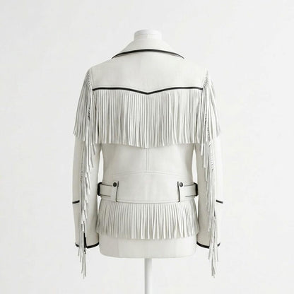 Back view of slim fit white fringe leather jacket for women