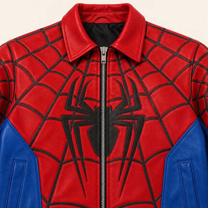 Spider-Man-inspired leather jacket with large black front spider emblem