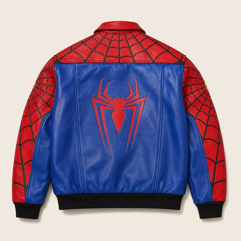 Red and blue Spider-Man bomber jacket with black web detailing