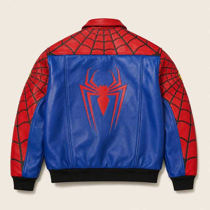 Red and blue Spider-Man bomber jacket with black web detailing