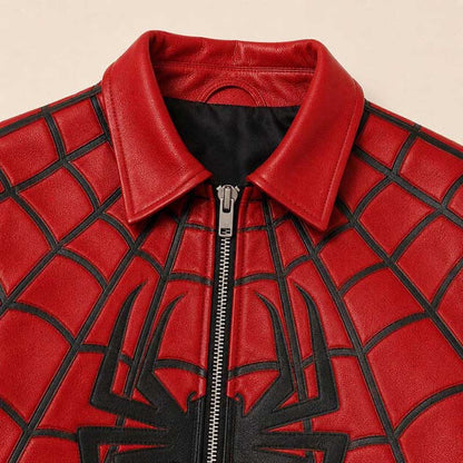 Red spider emblem on the blue back panel of a leather bomber jacket