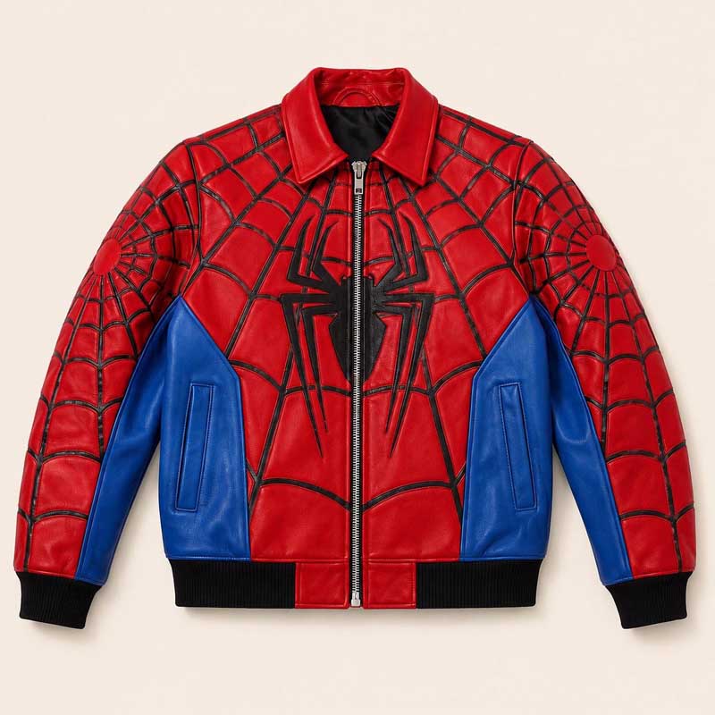 Spider-Man red and blue genuine sheepskin leather jacket front view