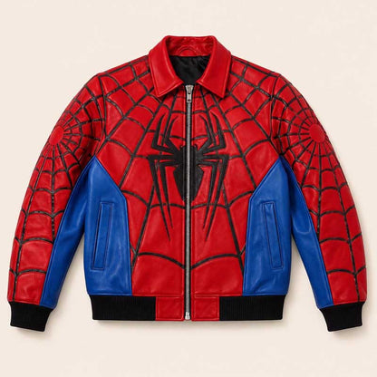 Spider-Man red and blue genuine sheepskin leather jacket front view