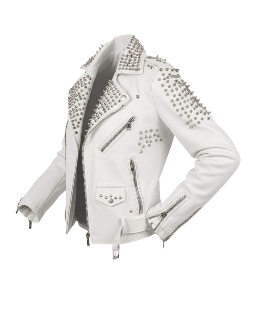 Side profile of white studded leather biker jacket for men