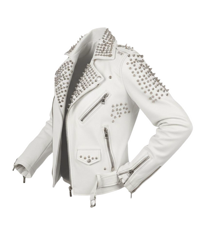 Side profile of white studded leather biker jacket for men