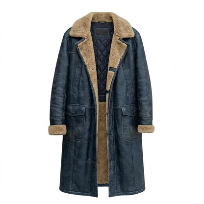 Front view of mens vintage blue leather long coat with faux fur lining