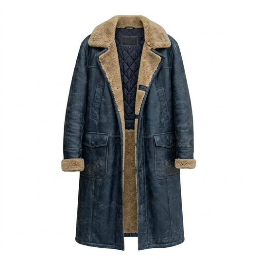 Front view of mens vintage blue leather long coat with faux fur lining