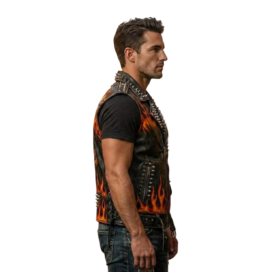  Side view of sleeveless men black leather vest for easy movement