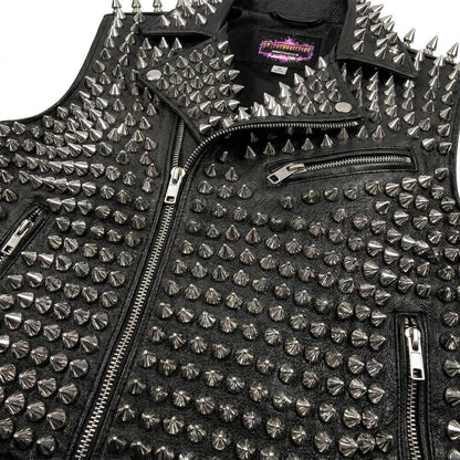  Close up detail of metal studs on black biker leather vest