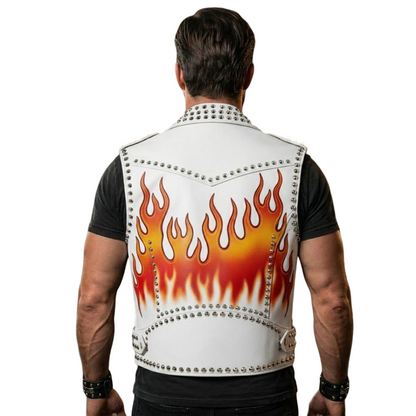 Back view of studded motorcycle club leather vest with bold flame design

