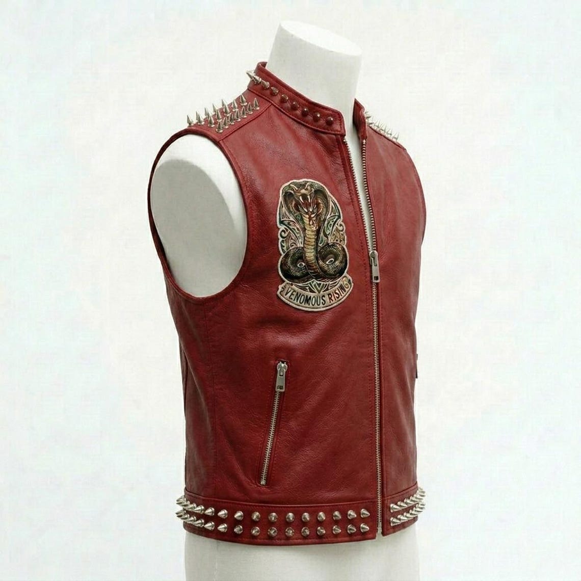 Side profile of studded red leather gothic biker waistcoat

