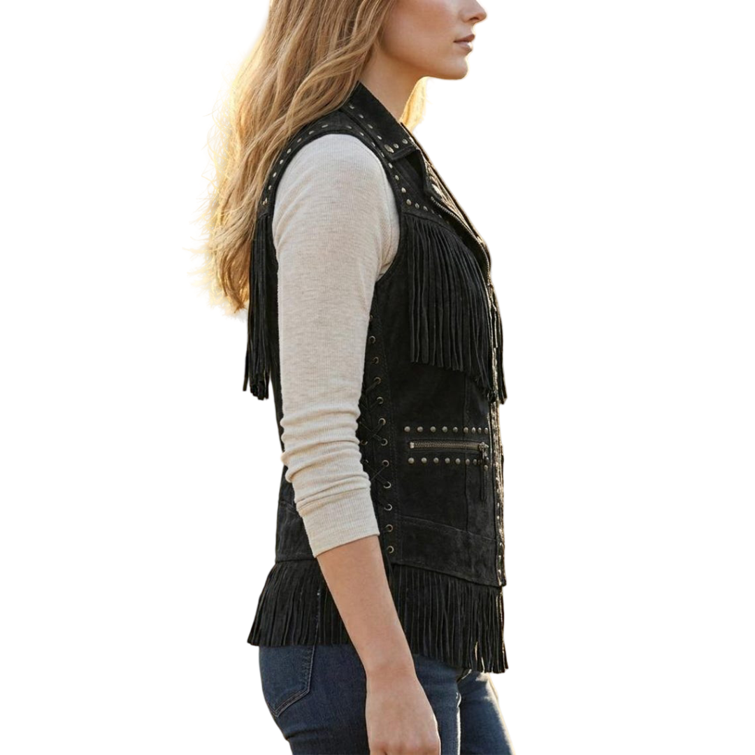 Side profile of women black suede boho cowboy jacket with fringe tassels

