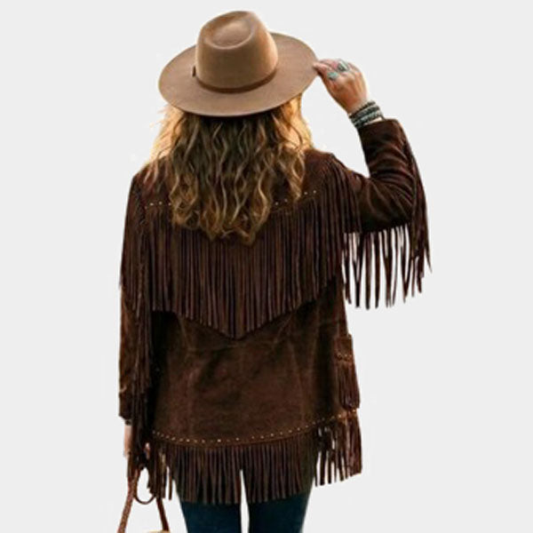 Women Brown Suede Leather Fringe Jacket Western Boho Biker Style