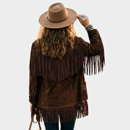 Women Brown Suede Leather Fringe Jacket Western Boho Biker Style