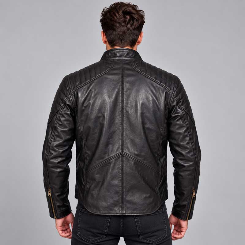 Black Batman-inspired leather jacket featuring an erect collar