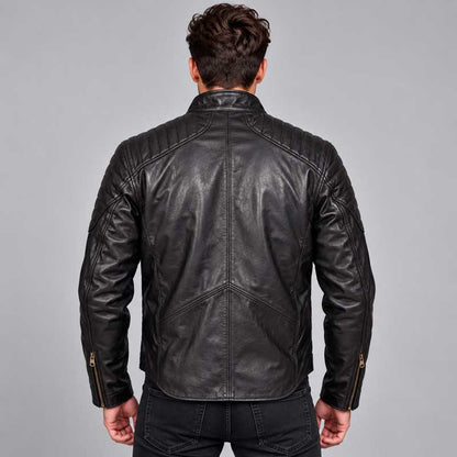 Black Batman-inspired leather jacket featuring an erect collar