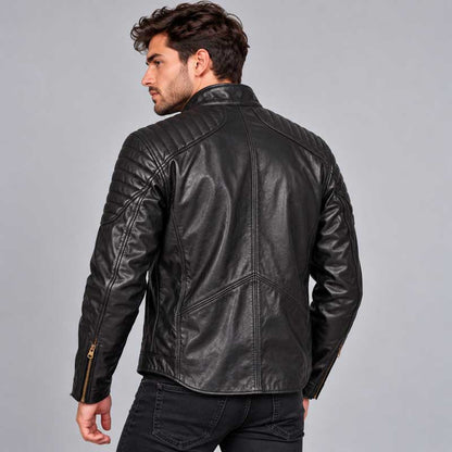 Genuine black leather jacket with a front zipper closure