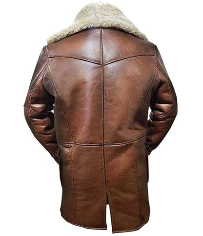 Tom Hardy Bane leather coat featuring front buttoned closure