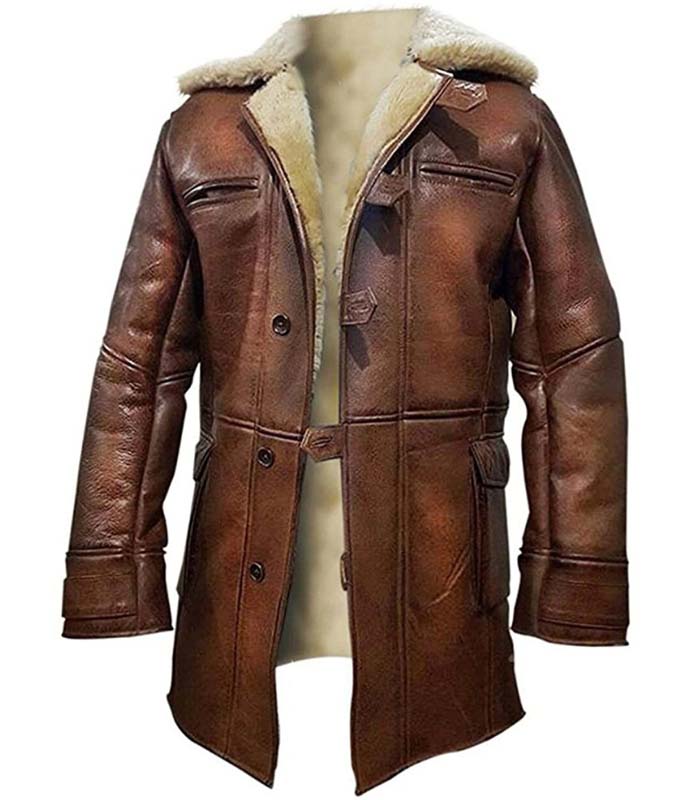 Tom Hardy Dark Knight Bane sheepskin leather coat front view