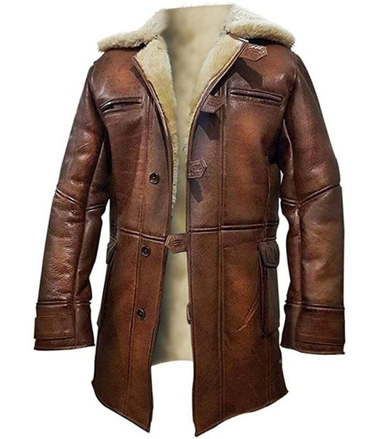 Tom Hardy Dark Knight Bane sheepskin leather coat front view