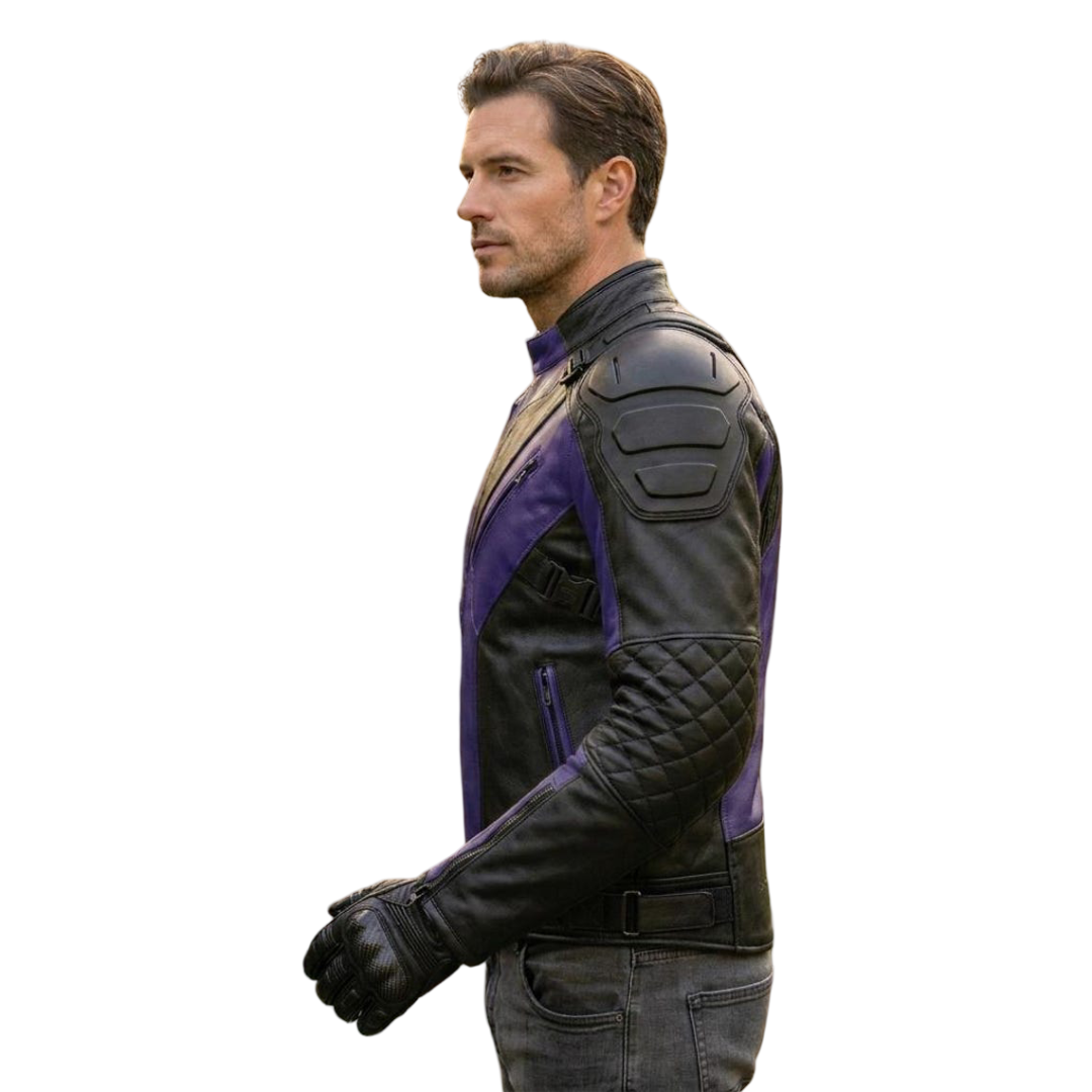 Side view of two tone leather motorcycle jacket for men