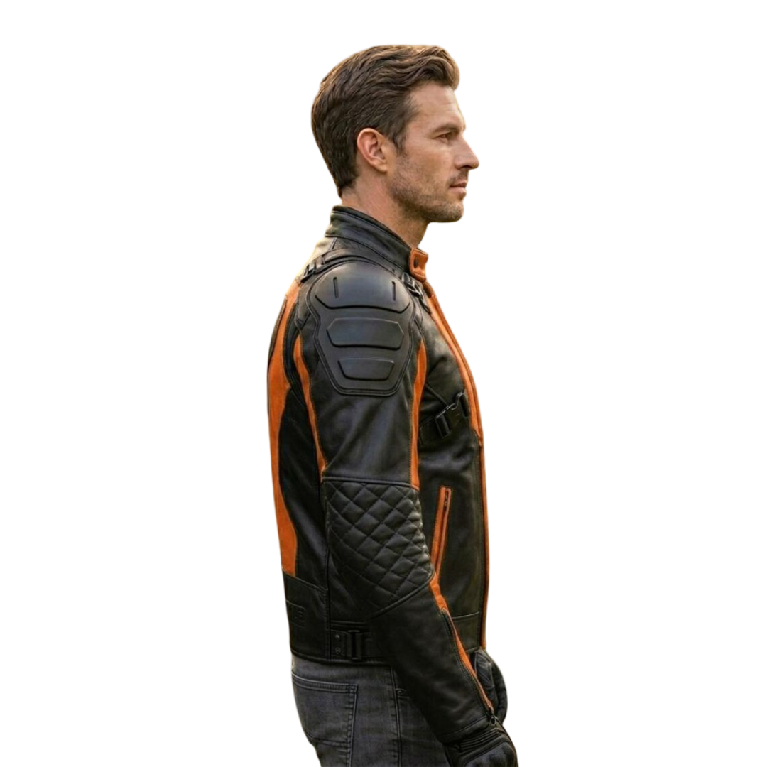 Side profile of two tone mens leather motorcycle coat