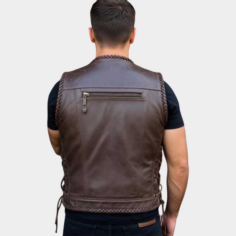 Vintage Brown Leather Biker Vest for Men Western Style