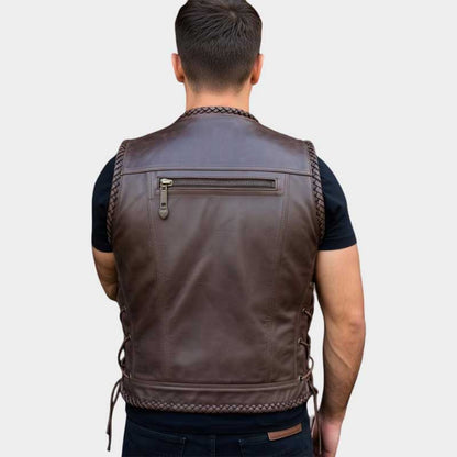 Vintage Brown Leather Biker Vest for Men Western Style