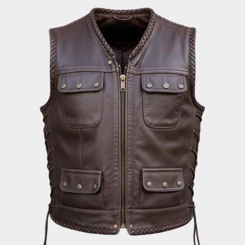 Vintage Brown Leather Biker Vest for Men Western Style