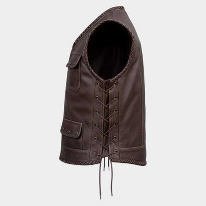 Vintage Brown Leather Biker Vest for Men Western Style