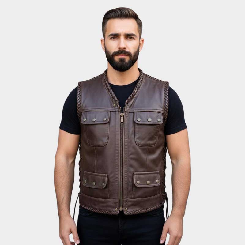 Vintage Brown Leather Biker Vest for Men Western Style