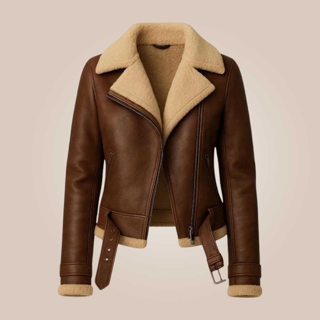 Vintage brown women shearling aviator jacket