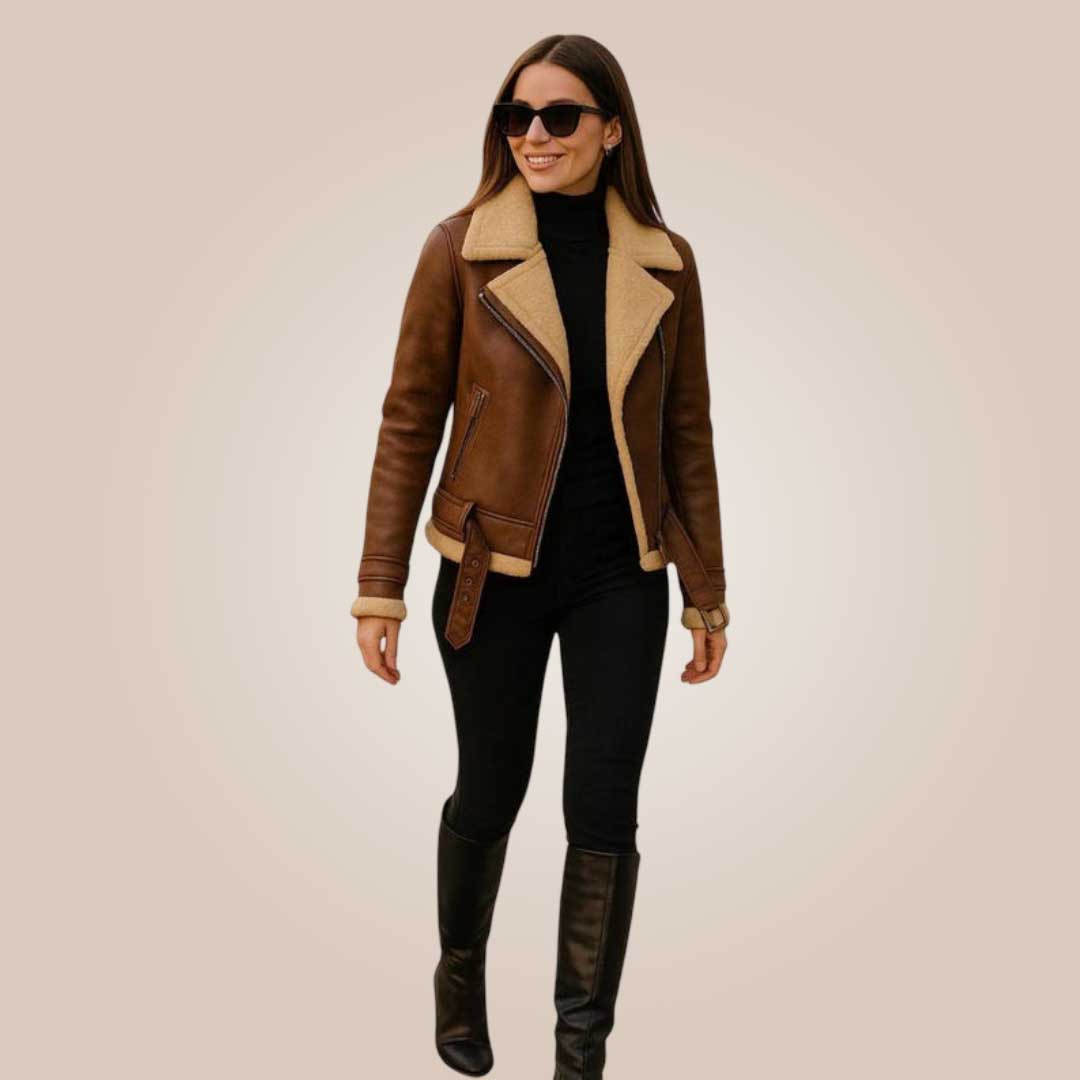 Vintage brown women shearling aviator jacket