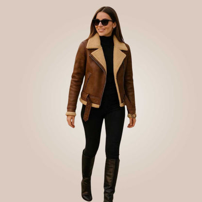 Vintage brown women shearling aviator jacket