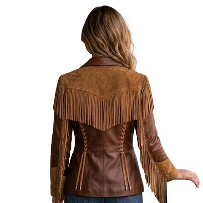 Back view of vintage cowgirl leather jacket with flowing fringe