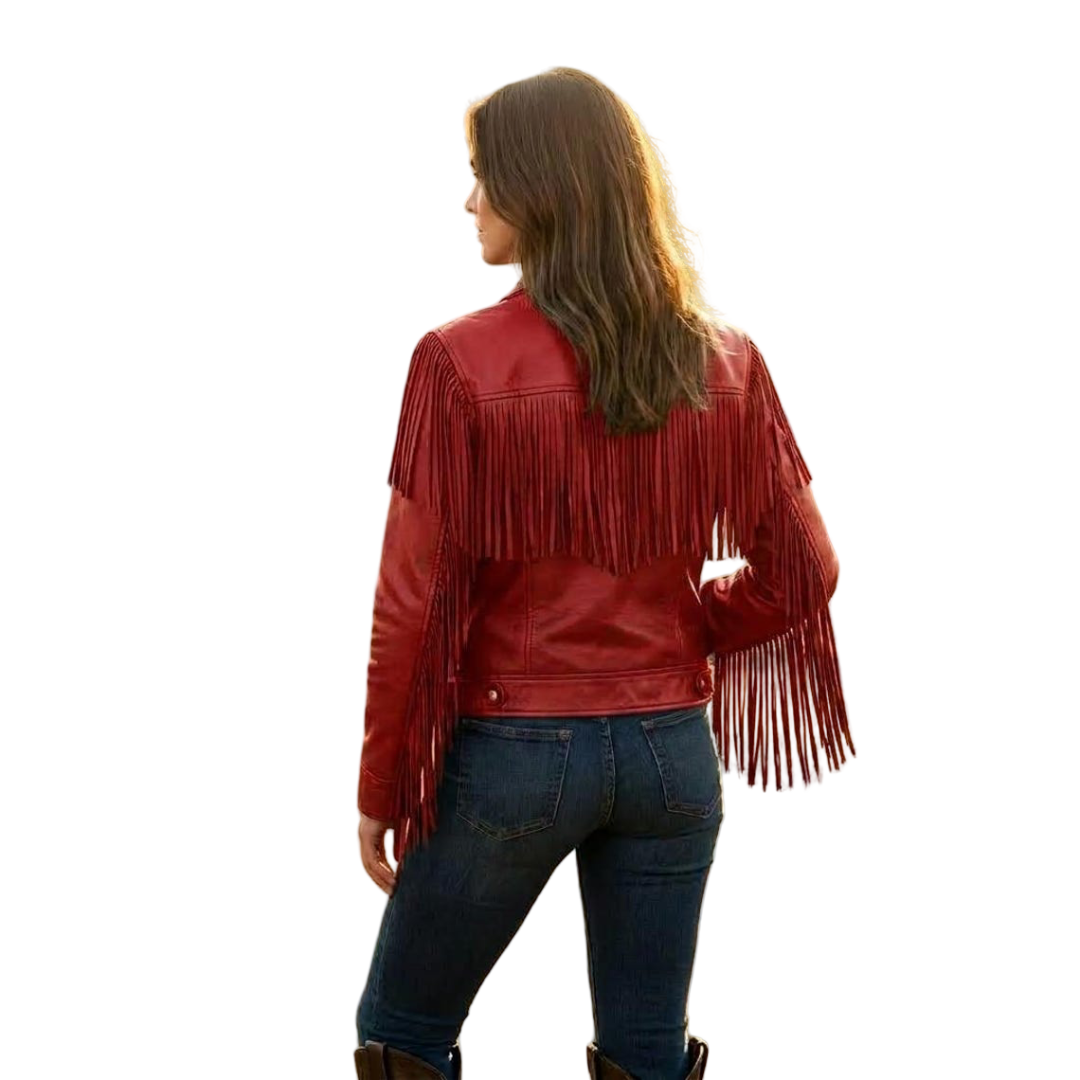 Back view of western cowboy red fringe leather jacket for women