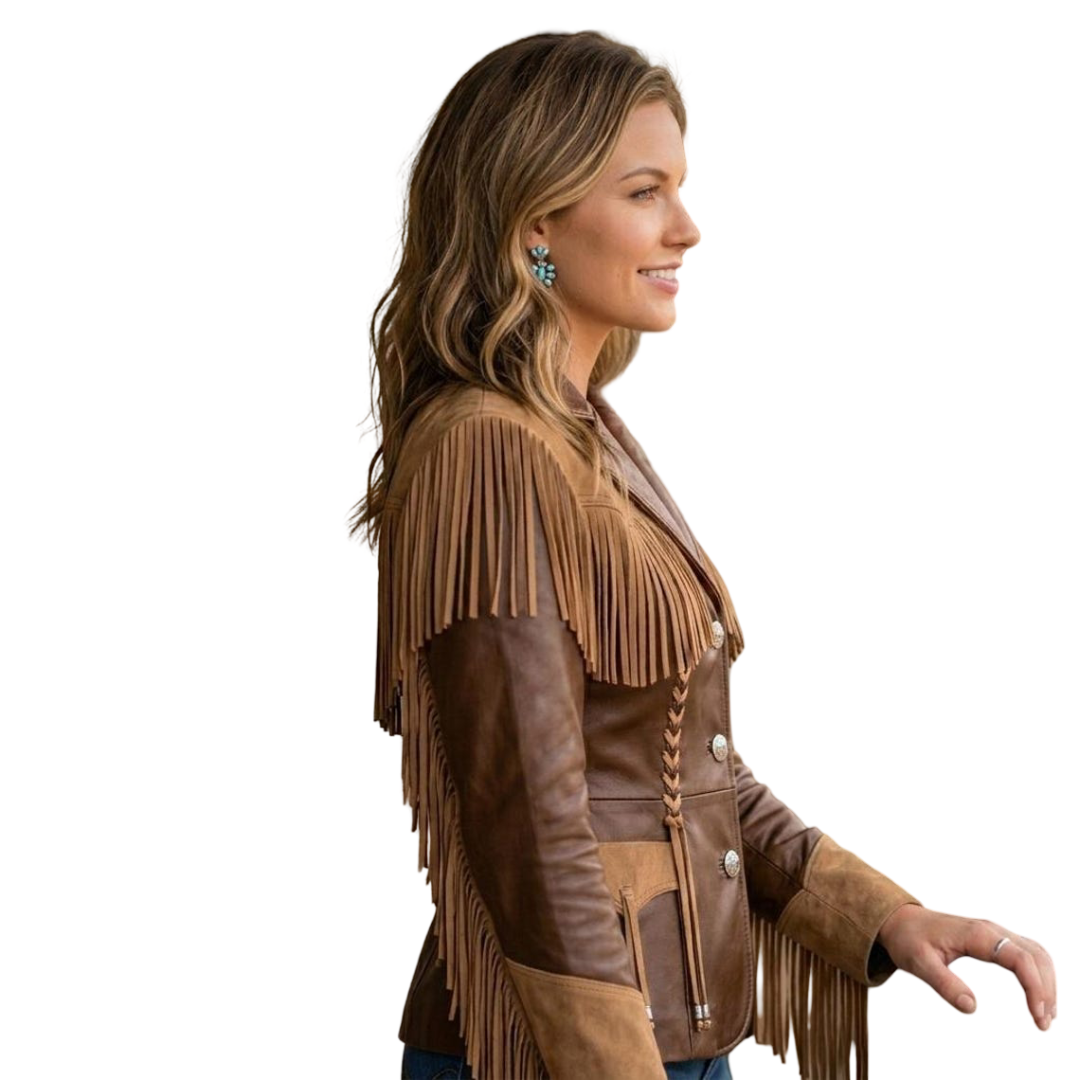 Side profile of women’s western fringe leather jacket showing tailored fit
