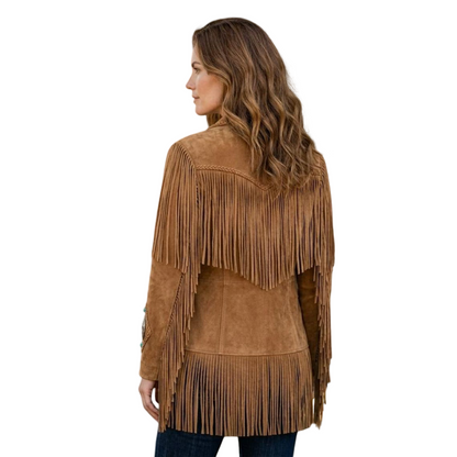 Back detail of suede western fringe leather coat showing long fringe design