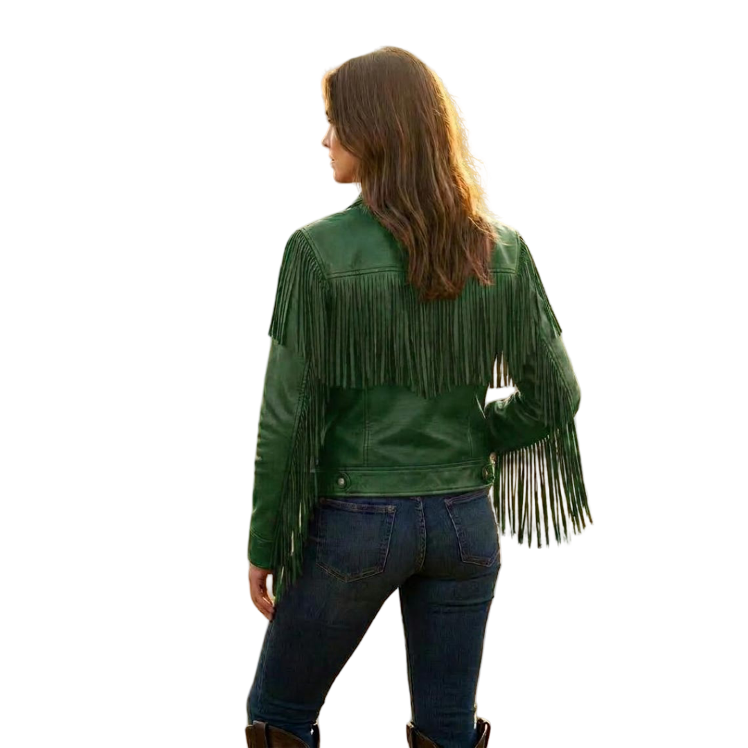 Back view of western moto green leather jacket with flowing fringe
