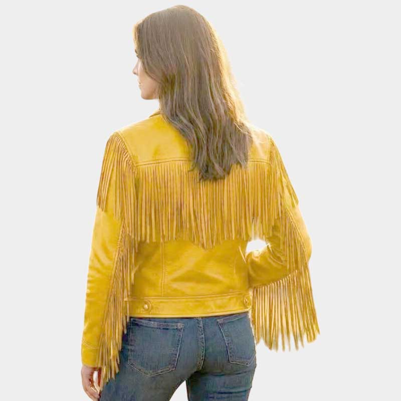 Women Yellow Fringe Leather Jacket Western Moto Style